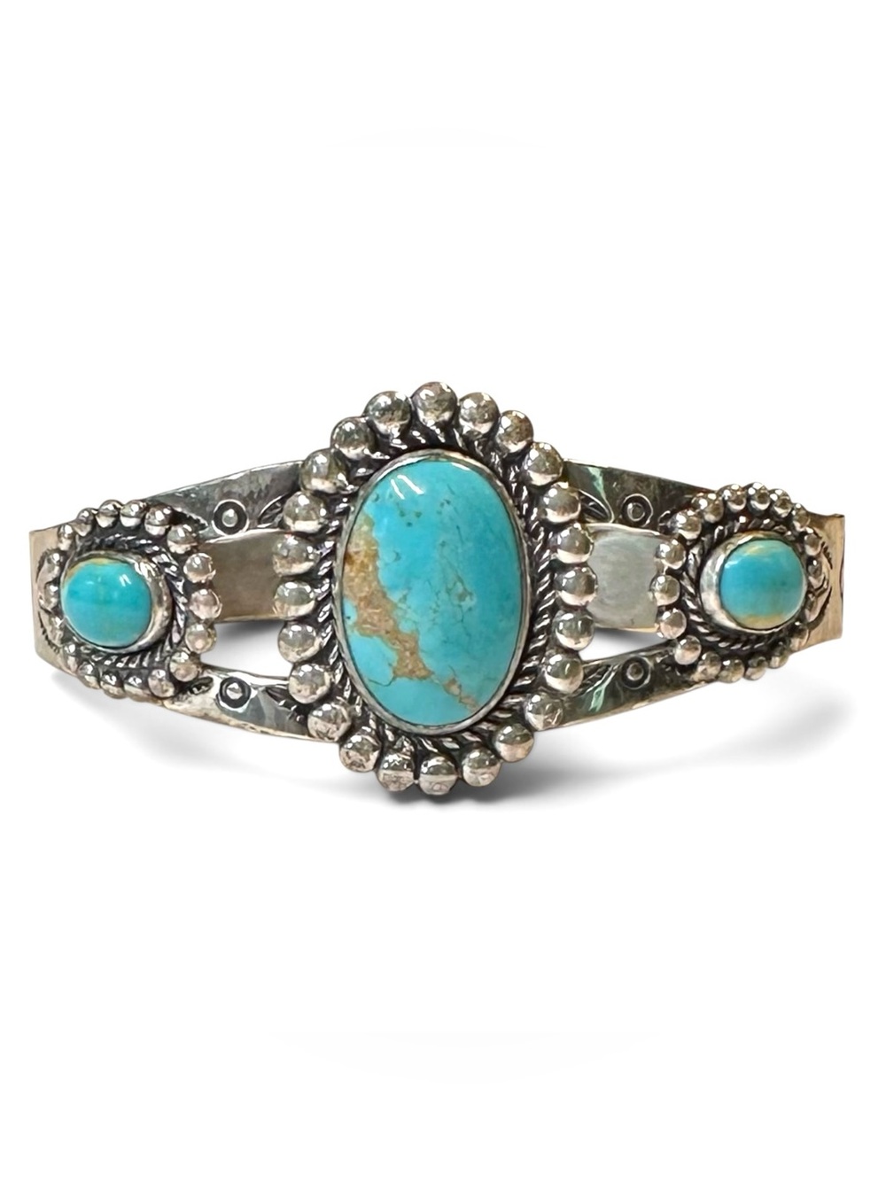 Vintage Native American Navajo Silver Three Stone Turquoise Cuff Bracelet